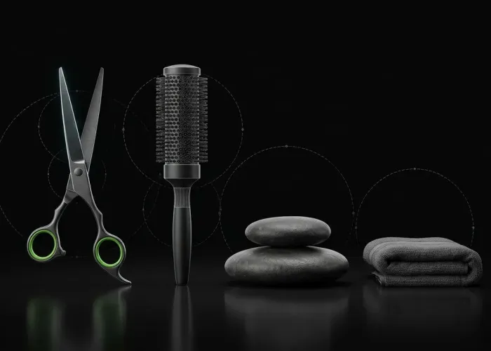 Salon scissors, brush, massage stones and a towel