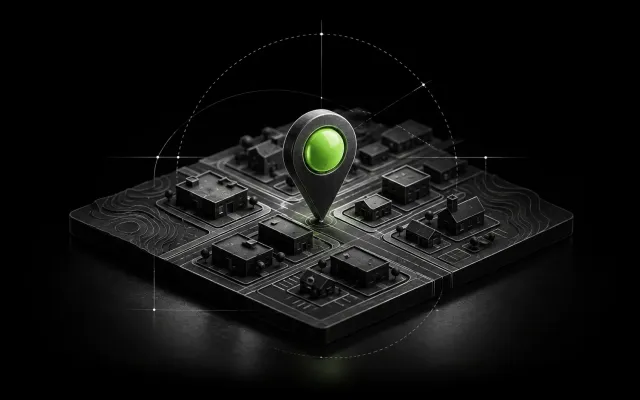 Topographic town map with a single location pin