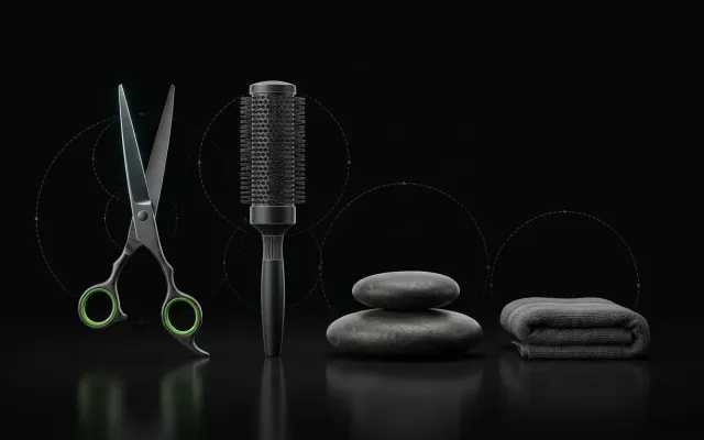 Salon scissors, brush, massage stones and a towel