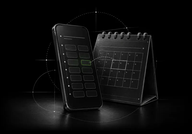 Phone with a booking grid next to a desk calendar