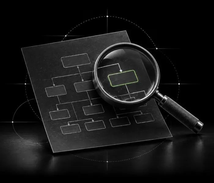 Magnifying glass inspecting a website structure diagram
