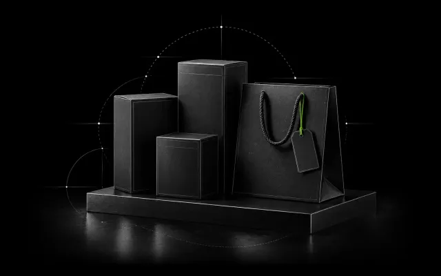Product boxes and a shopping bag on a shelf