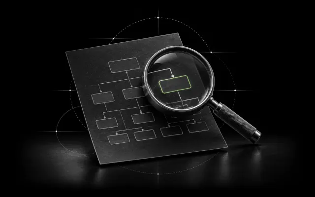 Magnifying glass inspecting a website structure diagram