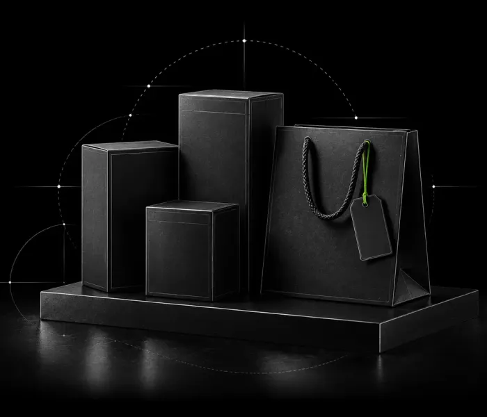 Product boxes and a shopping bag on a shelf