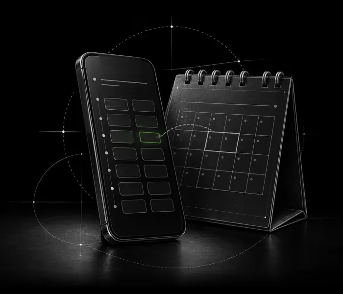 Smartphone booking grid synced with a desk calendar