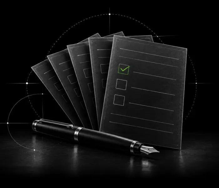 Fanned project brief cards with the first item checked
