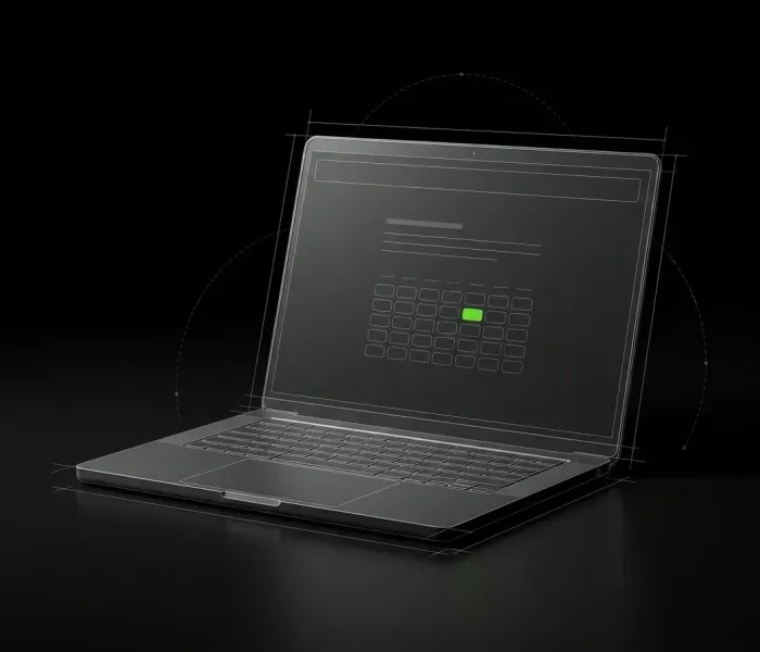 Laptop showing a booking website demo being assembled