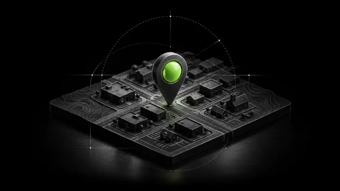 Topographic town map with a single location pin