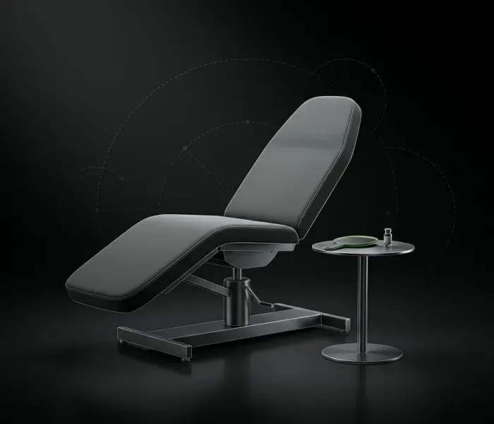 Aesthetic treatment chair beside a side table with a mirror