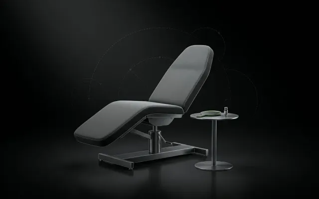 Aesthetic treatment chair beside a side table with a mirror