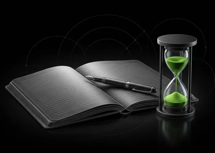 Open notebook with a fountain pen and an hourglass