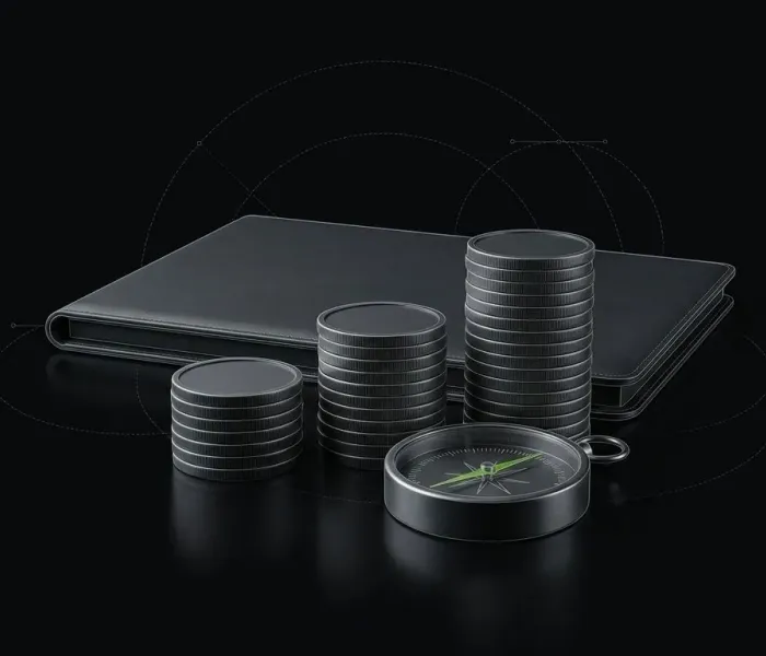 Coin stacks with a portfolio folder and a compass