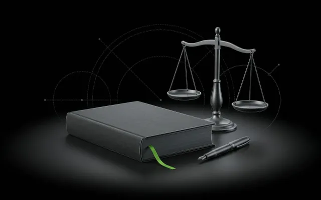 Law book with a balance scale and a fountain pen