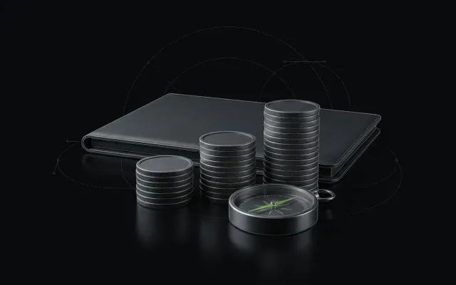 Coin stacks with a portfolio folder and a compass