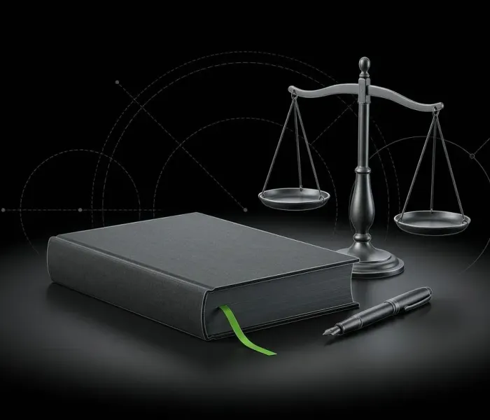 Law book with a balance scale and a fountain pen