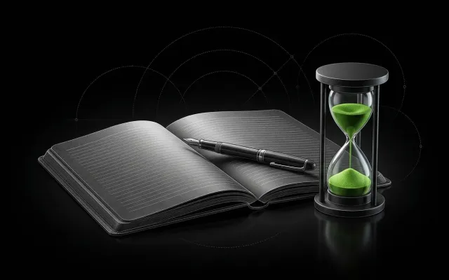 Open notebook with a fountain pen and an hourglass