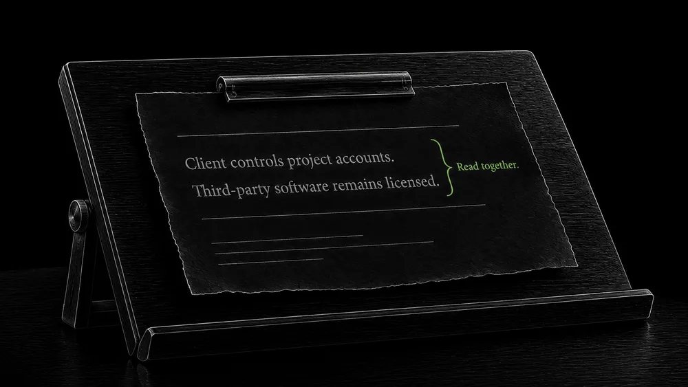 A passage places client account control beside the qualification that third-party software remains subject to its license.