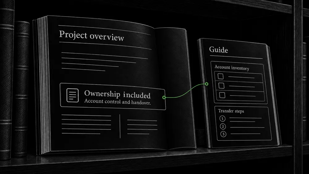 A project overview gives the basic ownership answer and links to a separate guide with the detailed account inventory and transfer steps.