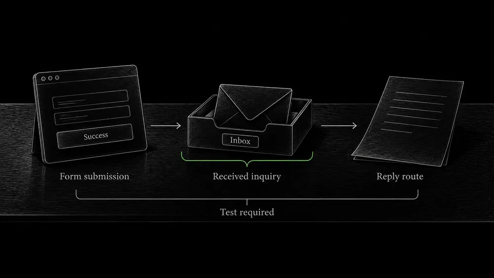 A form test includes submission, recipient delivery, and the reply route rather than stopping at the success message.