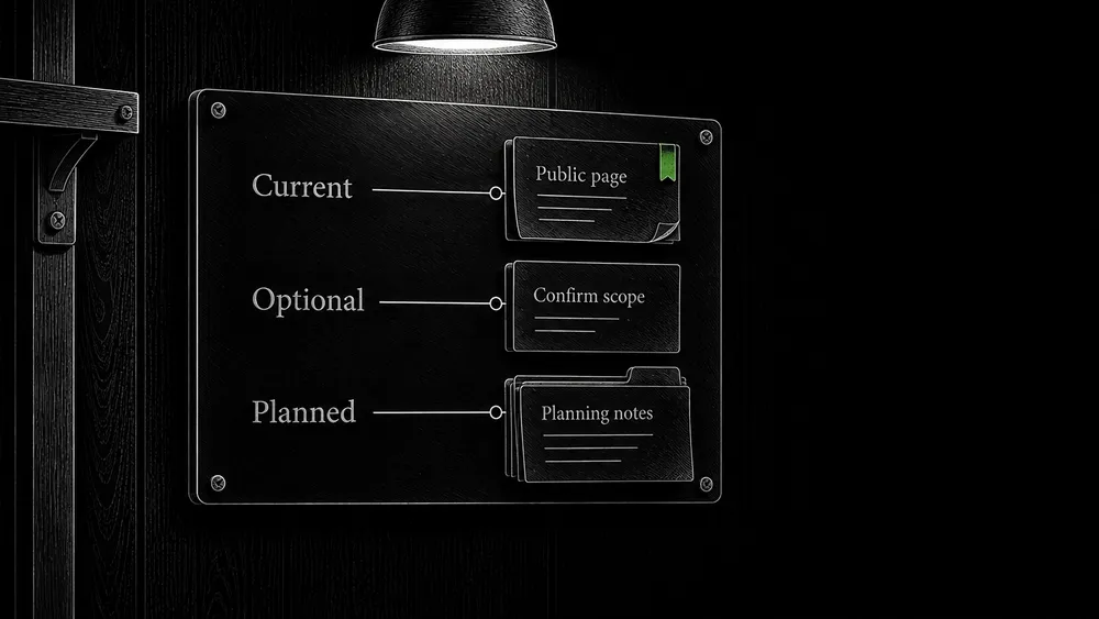 A service record separates current capabilities, optional work, and planned ideas before they are used in website content.