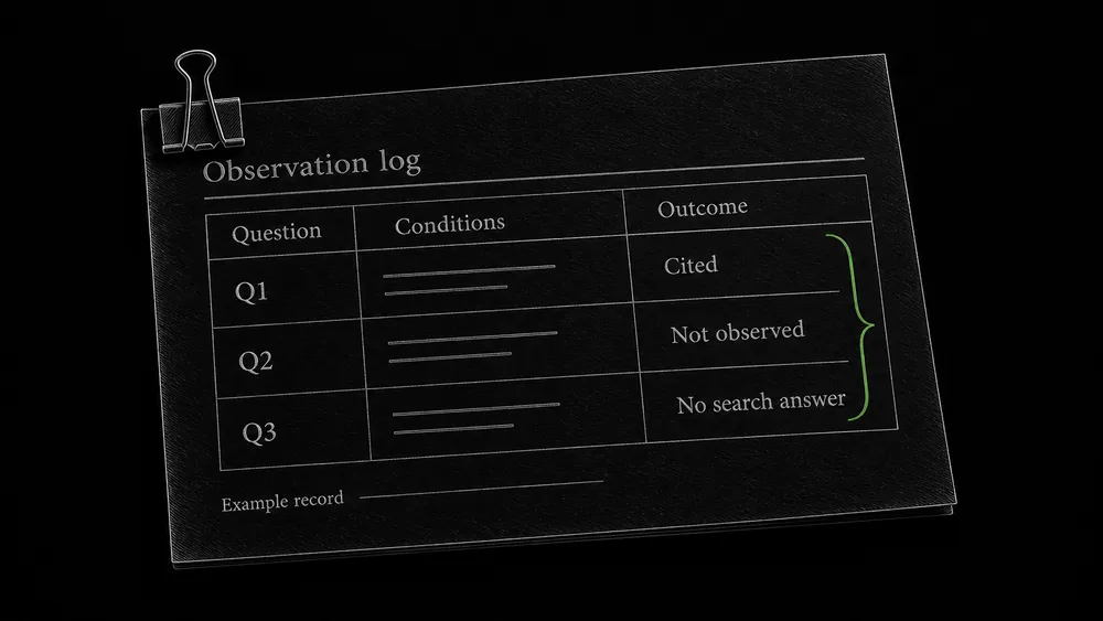 An observation log retains cited, not observed, and no search answer outcomes under the same recorded question set.