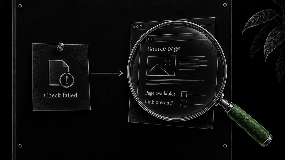 A Check failed alert leads to a direct source-page inspection, where the link’s actual state still needs confirmation.