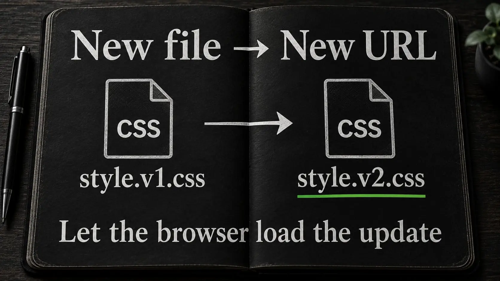 An open notebook shows New file to New URL, with style.v1.css changing to style.v2.css.