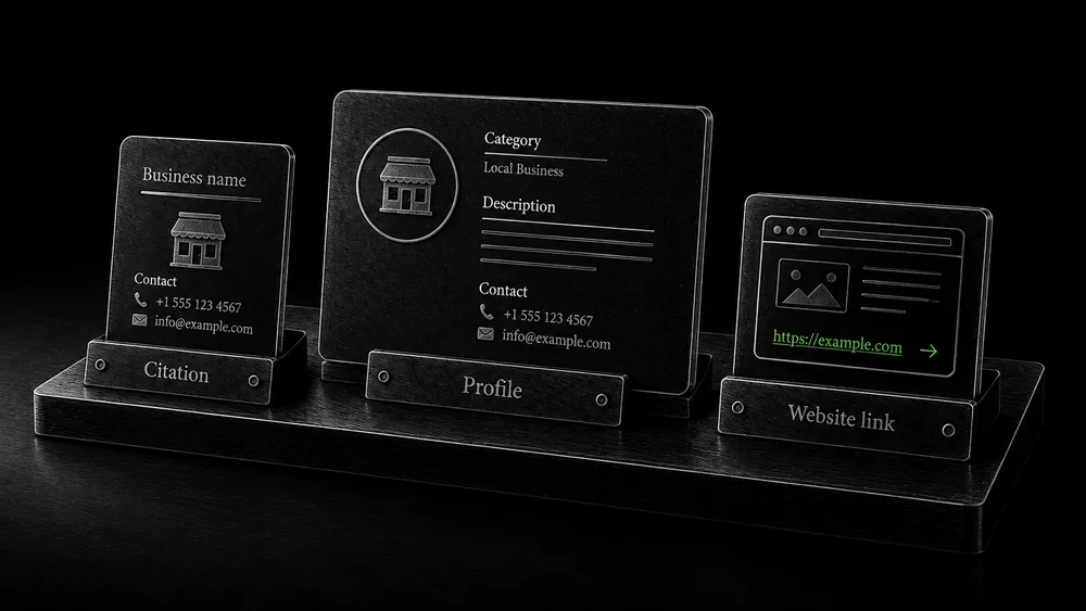 A business name and contact line, an expanded directory profile, and a clickable website reference illustrate three different elements.