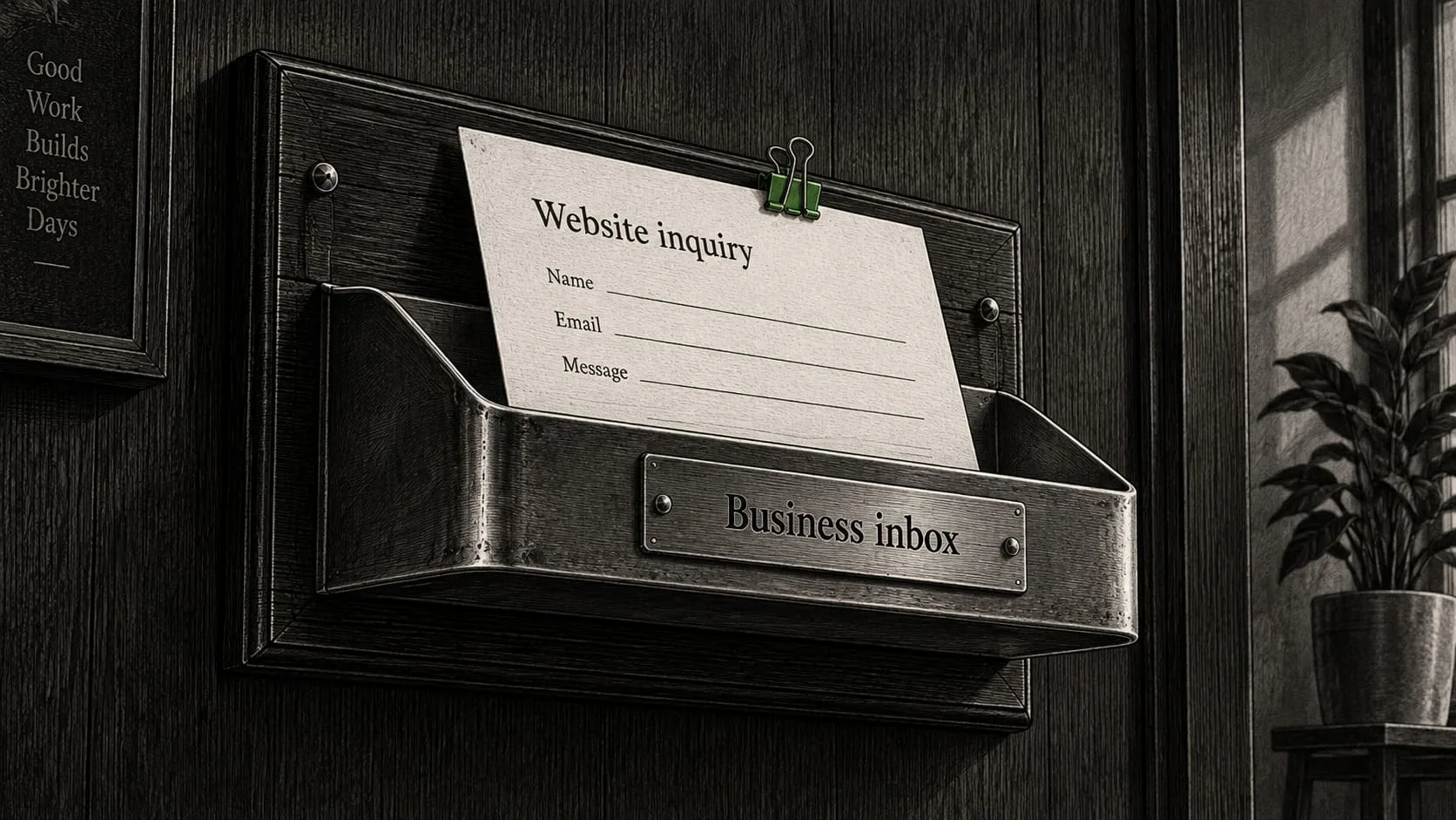 A website inquiry form and a business inbox with an inquiry message appear side by side on an engraved technical console.