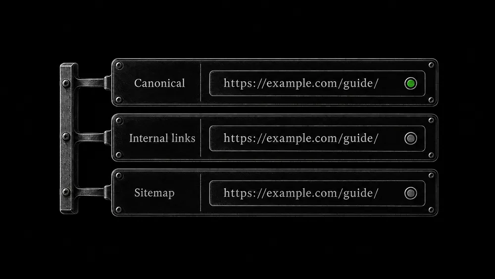 Three document strips labeled Canonical, Internal links, and Sitemap all refer to the same maintained URL.