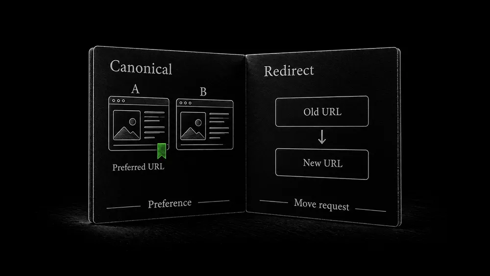 Two engraved examples contrast keeping equivalent URLs accessible with sending an old URL to its replacement.
