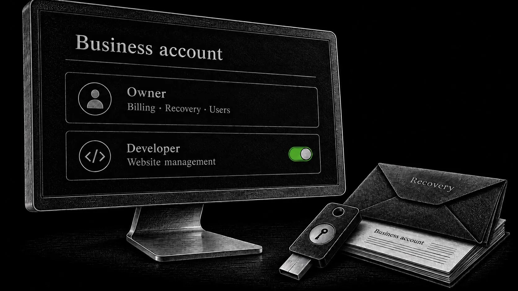 A business-owned service account gives a developer delegated access while keeping billing and recovery with the owner.