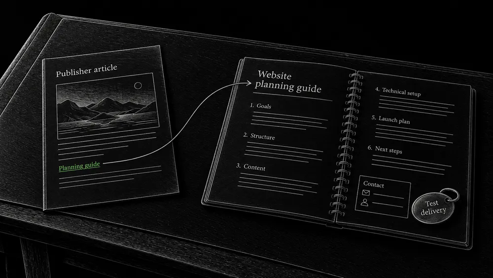 A planning article links to a complete planning guide with a clear inquiry route, which is checked before promotion.