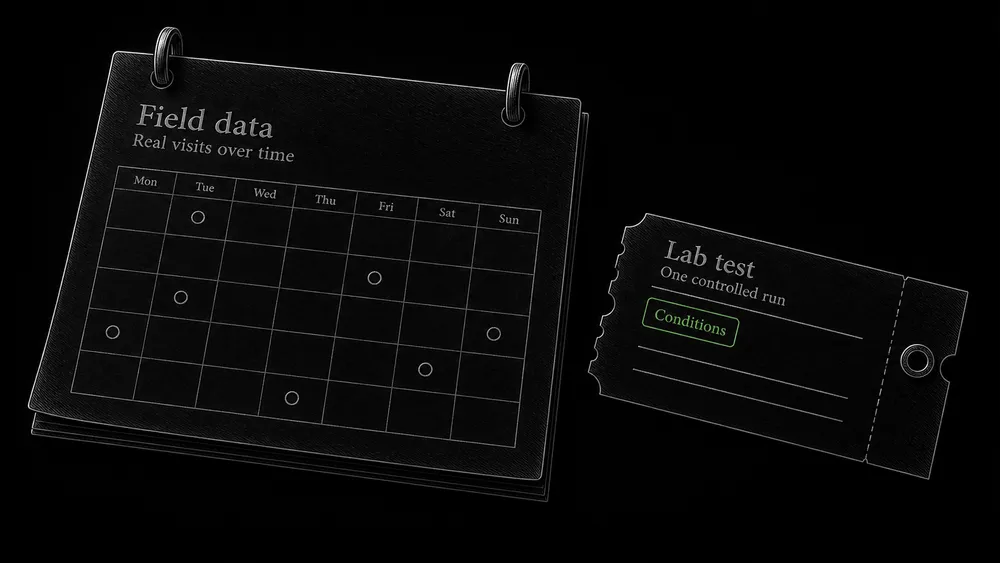 A calendar sheet labeled Field data sits beside a single test slip labeled Lab test.