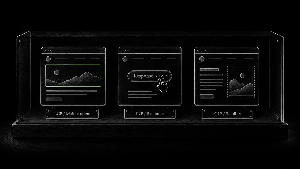 Three engraved page models illustrate loading the main content, responding to a tap, and keeping the layout stable.