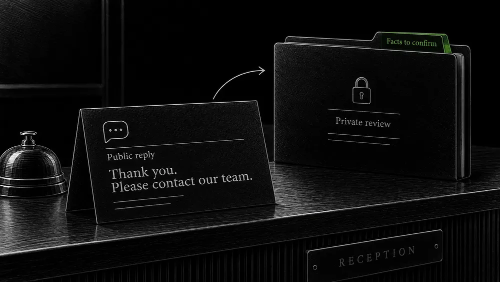 A short public acknowledgment sits beside a separate closed folder for the private investigation of a customer concern.