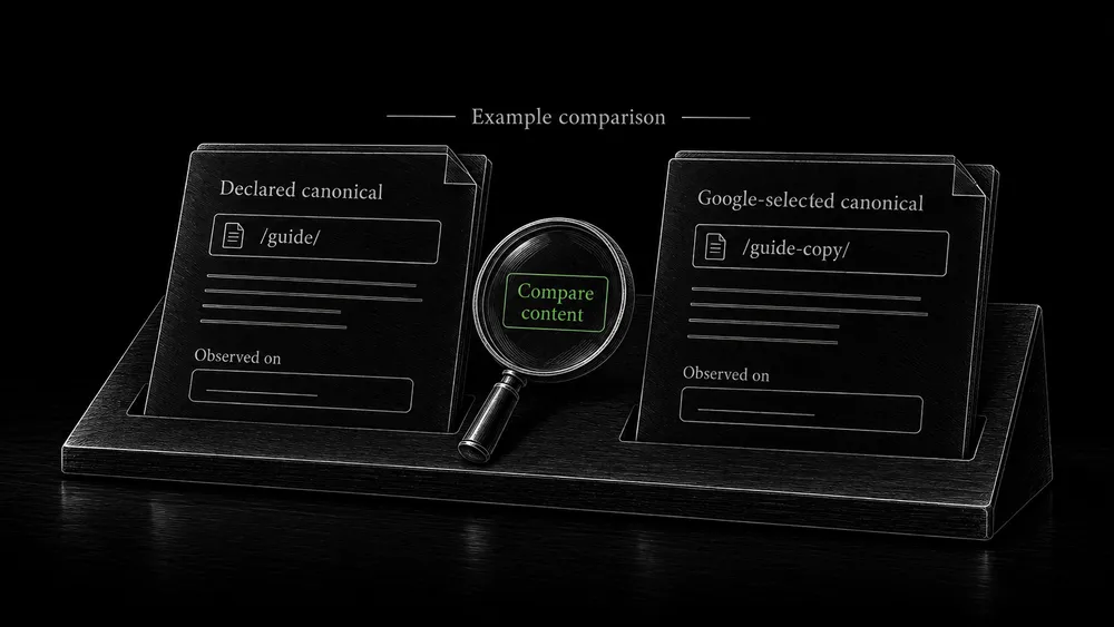 Two comparison cards show a declared canonical and a Google-selected canonical with separate observation-date fields.