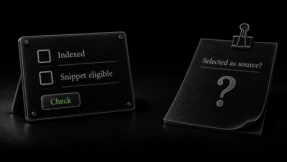 Indexing and snippet eligibility checks sit beside a separate source-selection question with no guaranteed outcome.