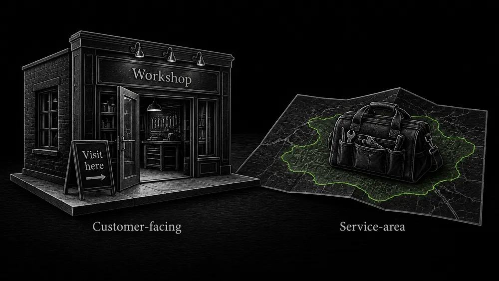 A customer-facing workshop shows an entrance address, while a mobile service shows a coverage area without a public home-address pin.
