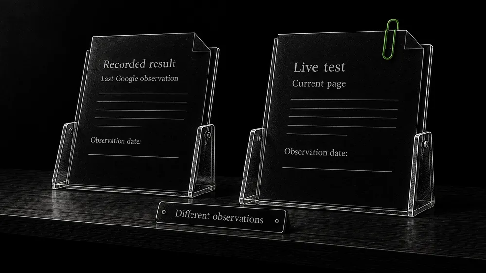 Two inspection records distinguish Google’s recorded indexing result from a test of the current page.