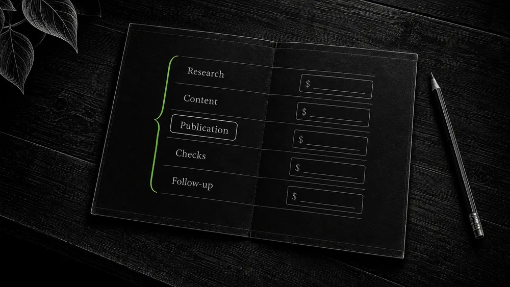 A placement budget sheet includes research, content preparation, publication fees, live checks, and follow-up as separate items.