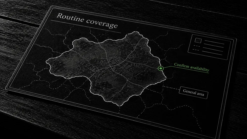 A simple coverage outline marks a boundary case and directs the reader to confirm availability using their general area.