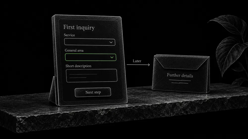 A short first-contact form asks for service type, general area, and a brief description, with detailed materials reserved for later.