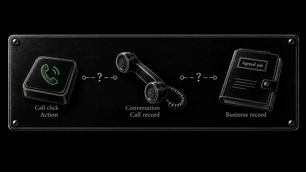 A call-button action, a phone conversation, and an agreed job appear as separate events with separate evidence labels.