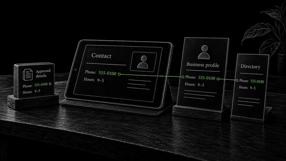 A website contact panel, business profile card, and directory card repeat the same approved phone and opening hours.