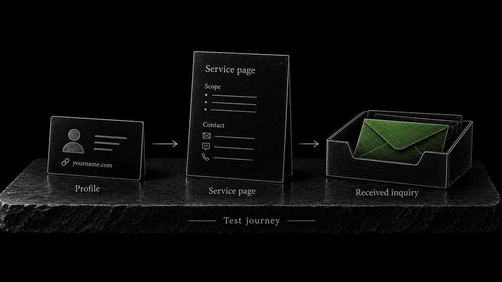 A profile link leads to a service page and then to an inquiry received in the business inbox.