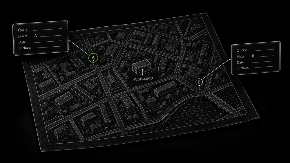 Two search observation points on a simple map carry separate notes for query, place, date, and search surface.