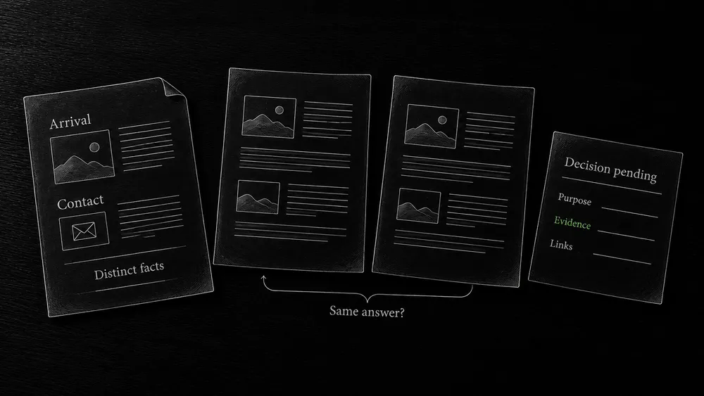 An audit compares a page with distinct local facts against two pages that repeat the same answer, recording a separate editorial decision for each.