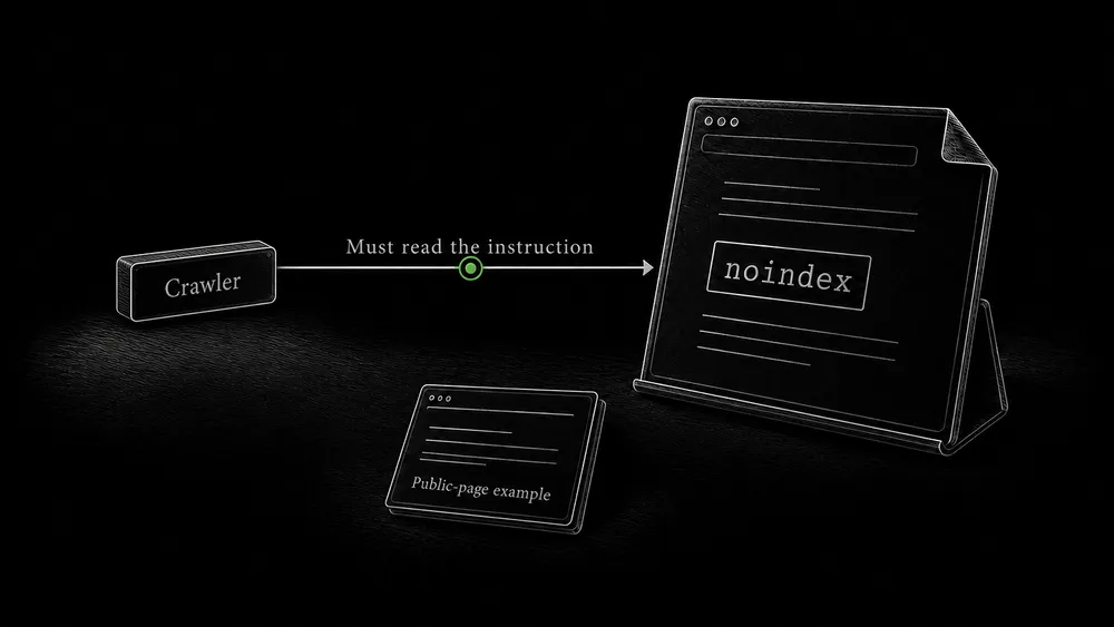 An engraved page marked noindex is shown on an open retrieval path with a note that the instruction must be read.