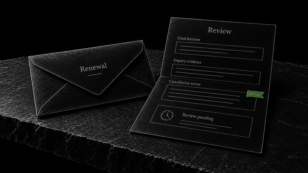 A renewal notice is compared with used features, observed inquiries, and cancellation terms before a decision is made.